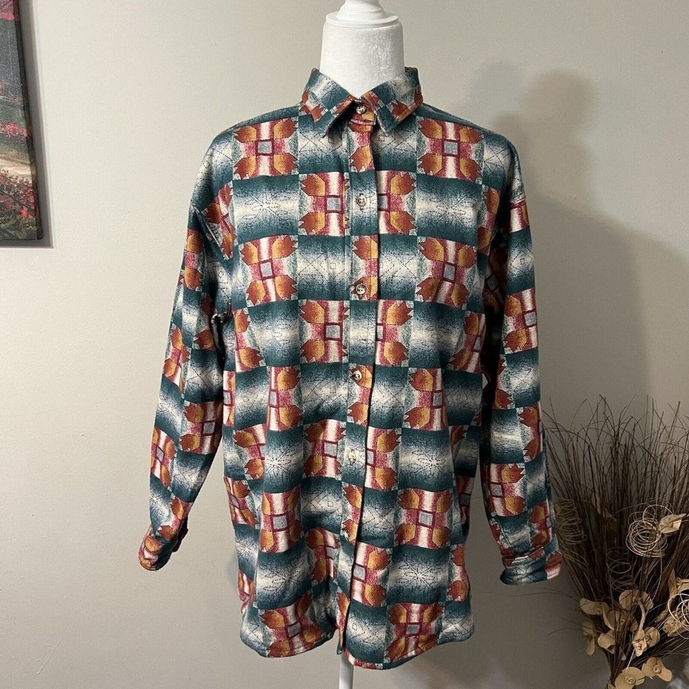 Vintage Cabelas Womens Multicolor Aztec Flannel Casual Button Up Shirt Size L